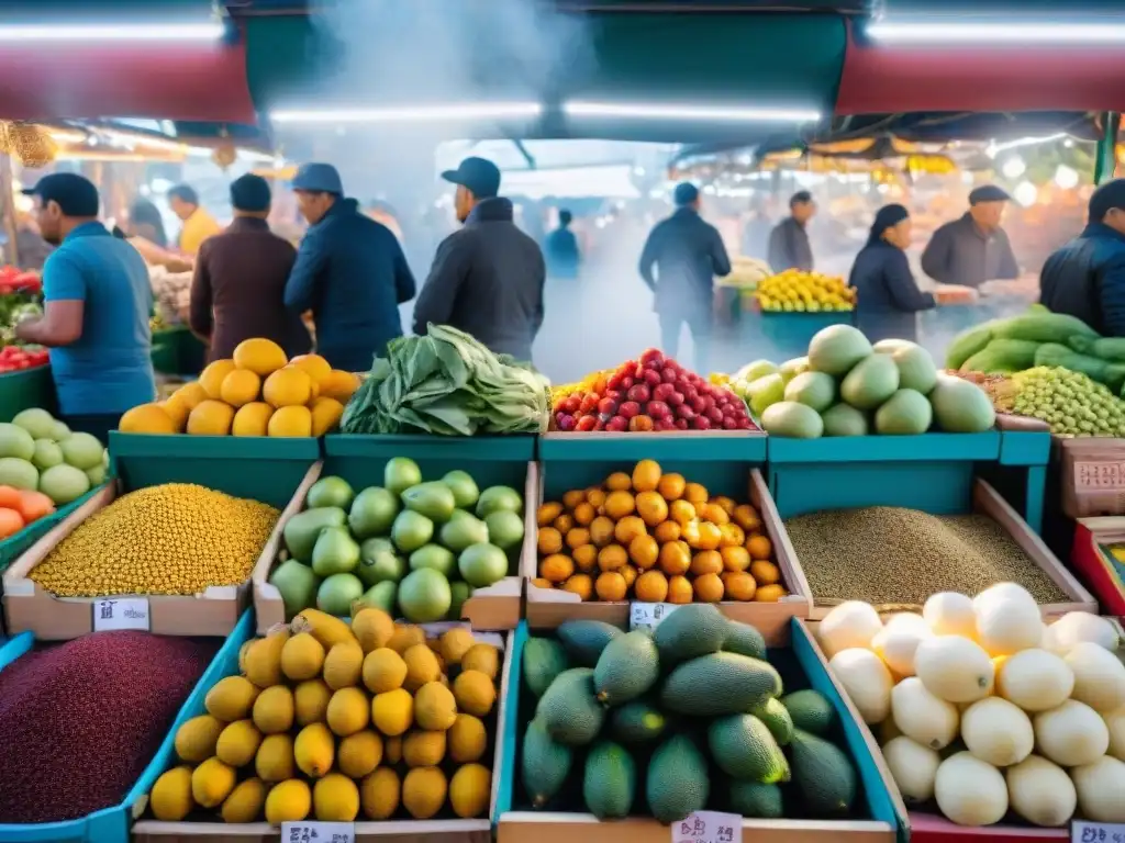 Un vibrante mercado de alimentos en Mercado 28 en Miraflores, Perú, exhibiendo la rica gastronomía peruana