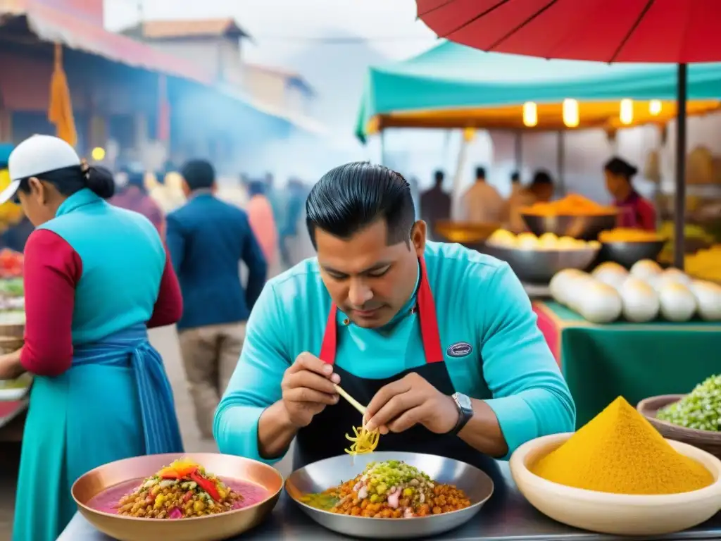 Un vibrante mercado de alimentos en Tacna, Perú, mezclando la gastronomía peruana con sabores internacionales