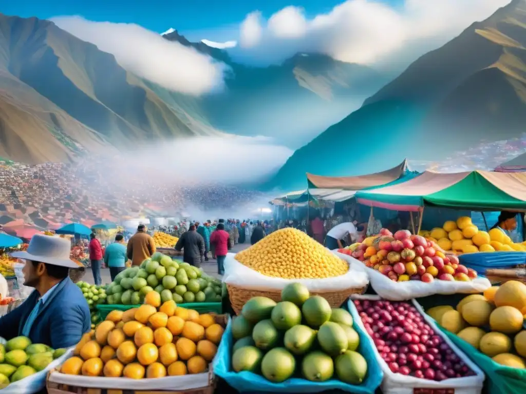 Vibrante mercado de alimentos en Lima, Perú, con platos tradicionales, emprendedores locales y fondo de los Andes