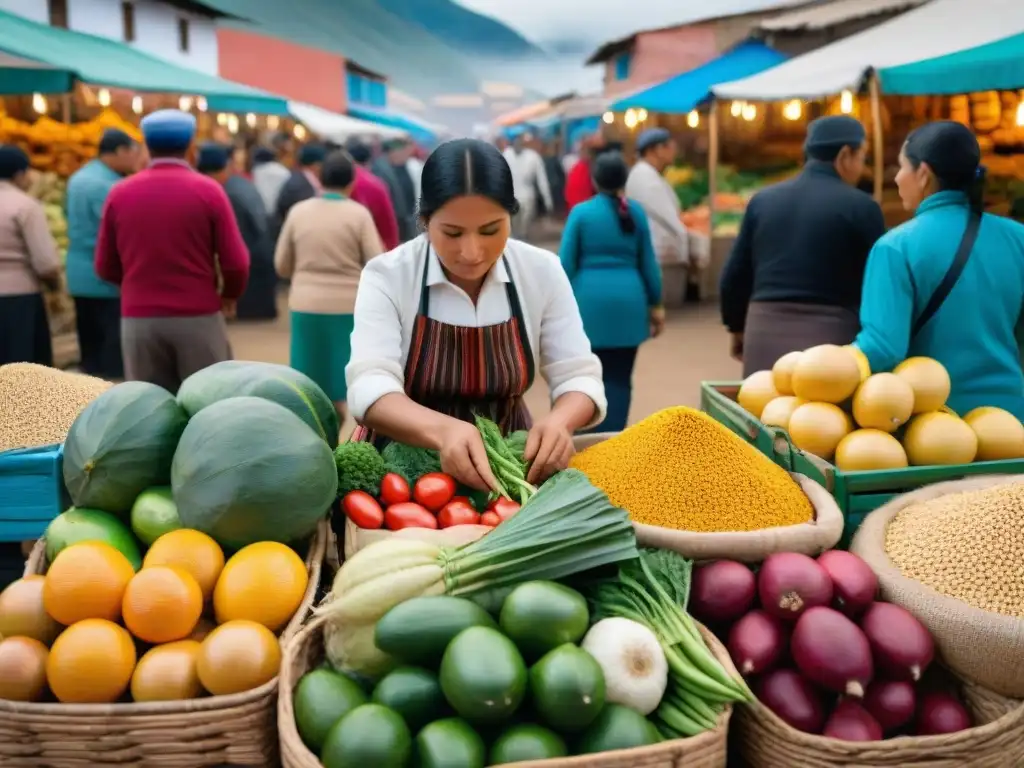 Un vibrante mercado de alimentos en Perú, con productos locales y coloridos