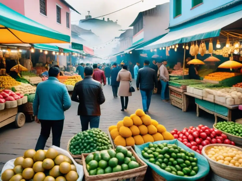 Vibrante mercado de alimentos en Lima, Perú, con productos frescos, comida tradicional y multitud diversa