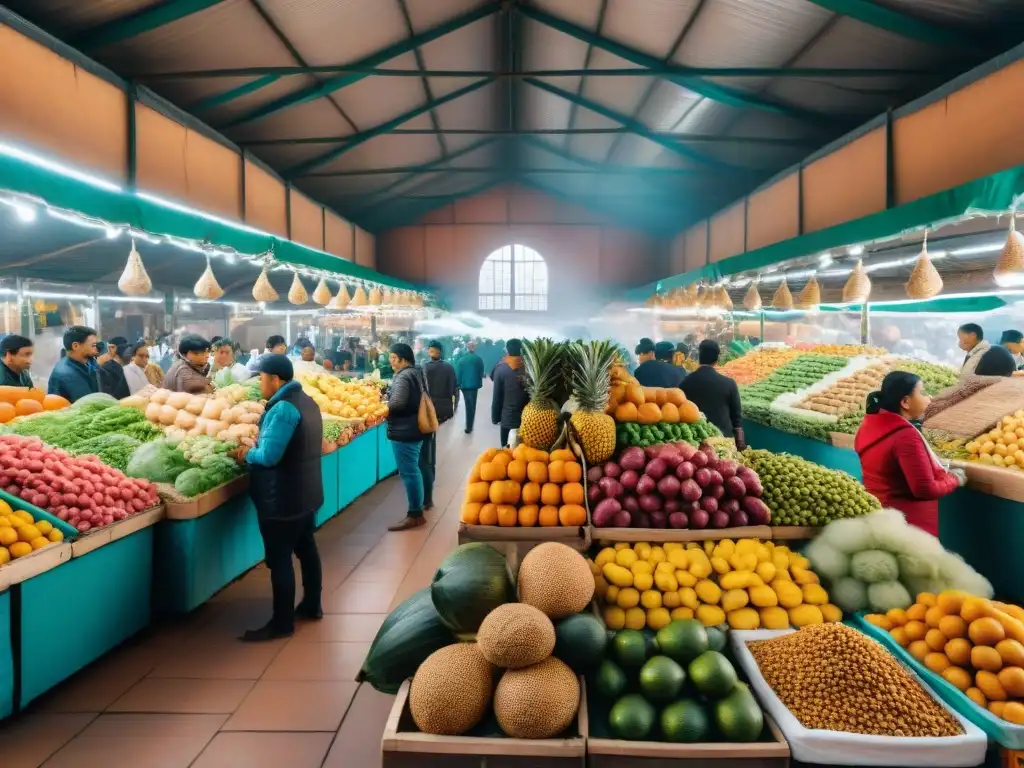 Un vibrante mercado de alimentos en Lima, Perú, con puestos coloridos y emprendedores de Startups de alimentos en Perú