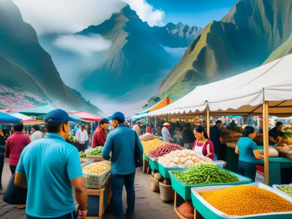 Vibrante mercado de alimentos en Perú con puestos coloridos y emprendedores locales, reflejando la escena de Startups de alimentos en Perú