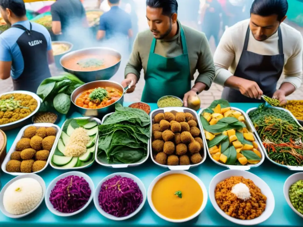 Vibrante mercado de alimentos veganos en Lima, Perú, con platos veganos innovadores