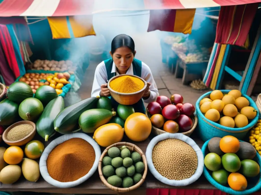 Vibrante mercado amazónico en Perú, con frutas, verduras y especias únicas