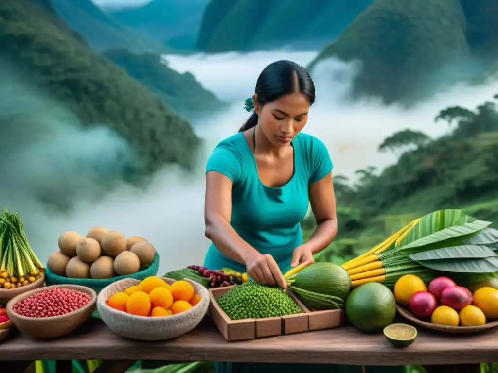 Mercado Amazónico: Sabores y Colores de la Selva Peruana Vibrante mercado amazónico en Perú, reflejando la gastronomía peruana platos tradicionales Amazonas con ingredientes únicos y coloridas vestimentas