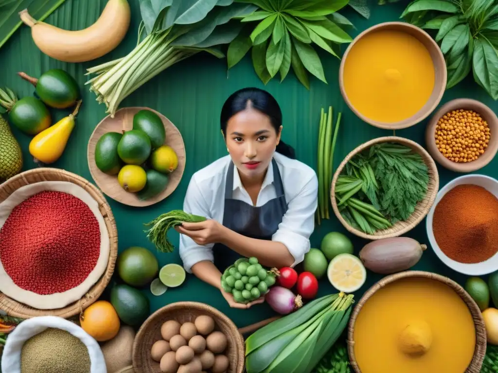 Vibrante mercado amazónico con ingredientes exóticos Amazonía Perú y mujeres indígenas preparando platos tradicionales