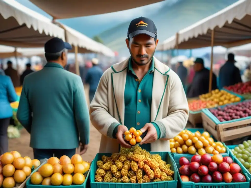 Un vibrante mercado andino con aguaymanto fresco, resaltando los beneficios del aguaymanto en desayunos