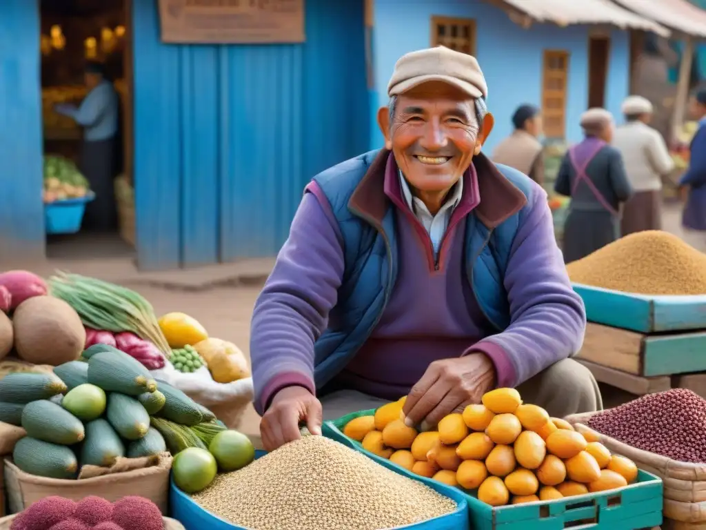 Vibrante mercado Andino con alimentos frescos y montañas nevadas en un cielo azul, promoviendo beneficios de la Dieta Andina para la salud