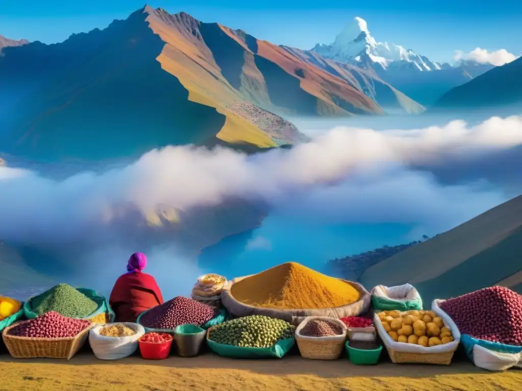 Vibrante mercado andino en Apurímac, Perú, con ingredientes autóctonos y paisaje majestuoso