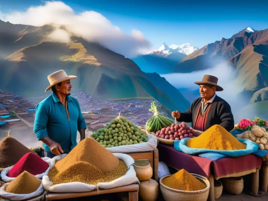 Vibrante mercado andino con maca de colores y vendedores indígenas, resaltando los Beneficios de la maca andina