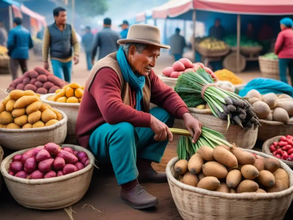 Vibrante mercado andino con mashua en cestas, agricultores y clientes hablando sobre los beneficios salud mashua tubérculo andino