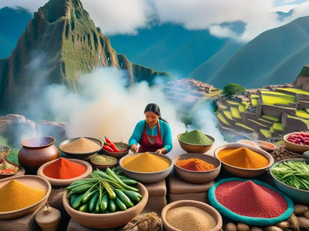 Vibrante mercado andino en Perú con mujeres cocinando platos tradicionales