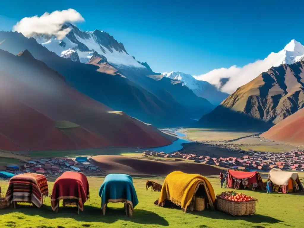 Vibrante mercado andino al pie de la montaña Vinicunca, con textiles coloridos, productos frescos y artesanías bajo un cielo azul