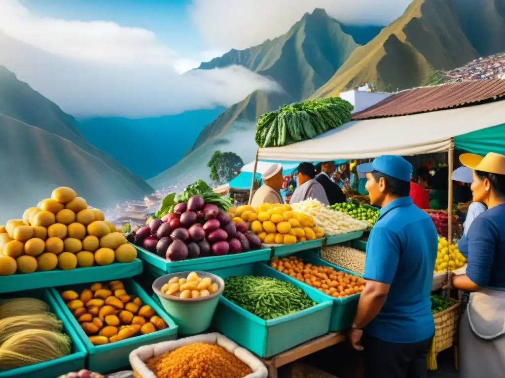 Vibrante mercado callejero en Lima, Perú con colores y sabores únicos de la gastronomía peruana