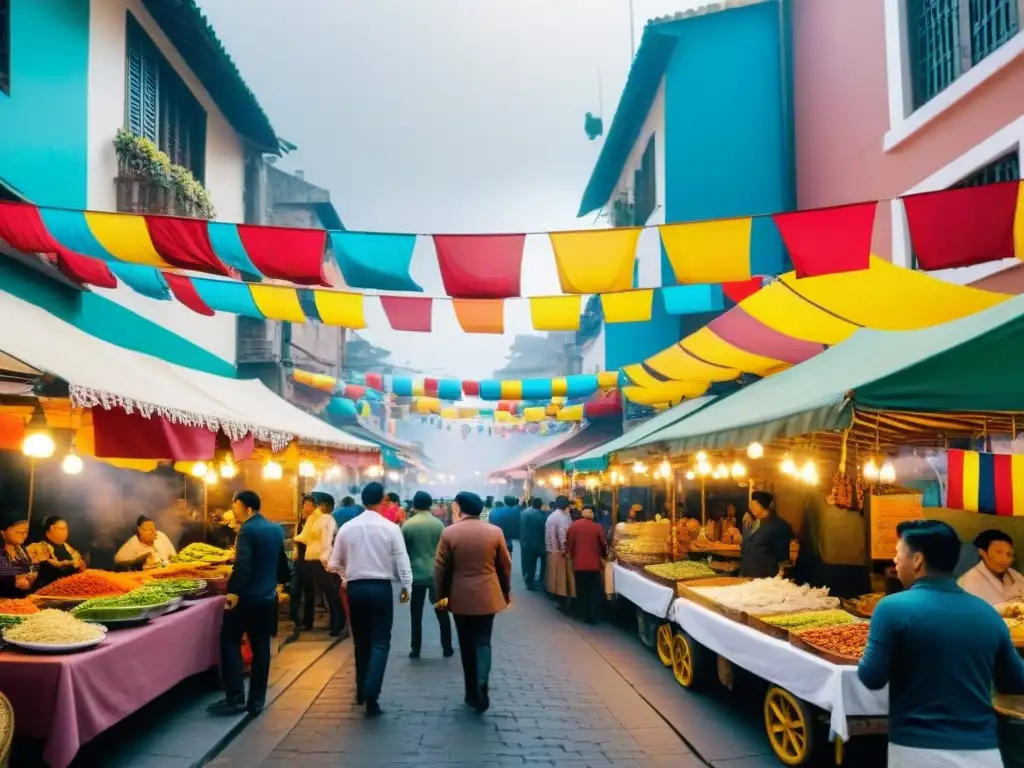 Un vibrante mercado callejero en Lima, Perú, fusionando las culturas peruana y china en su cocina