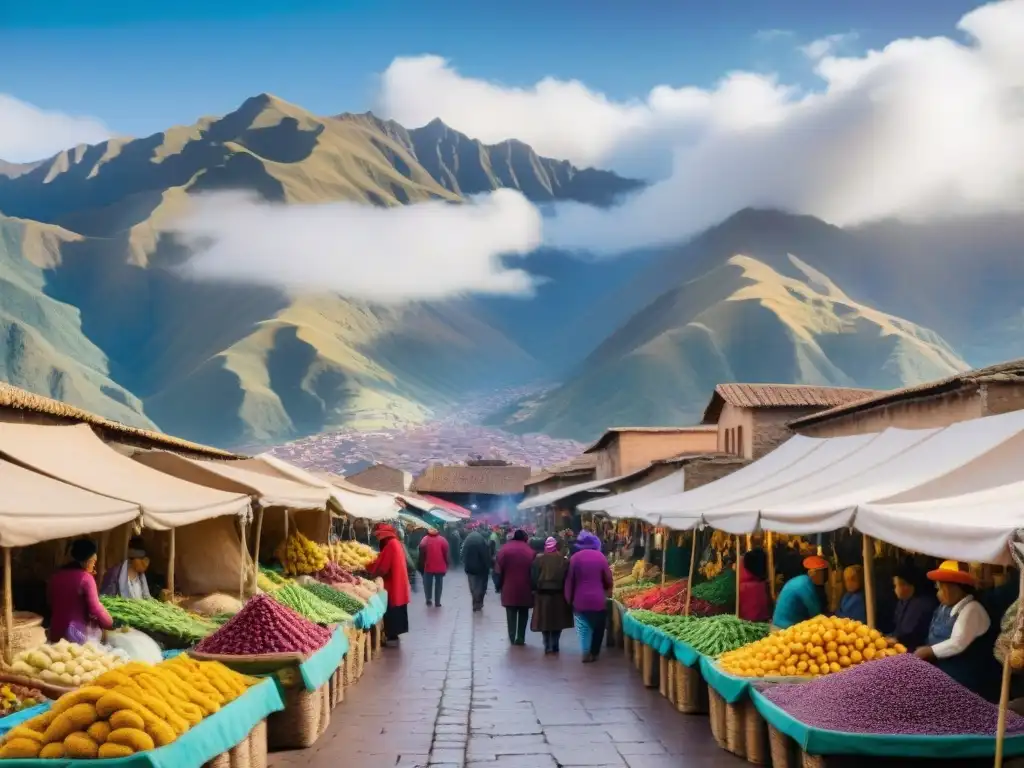 Vibrante mercado callejero en Cusco y Valle con productos locales y mujeres indígenas en trajes tradicionales