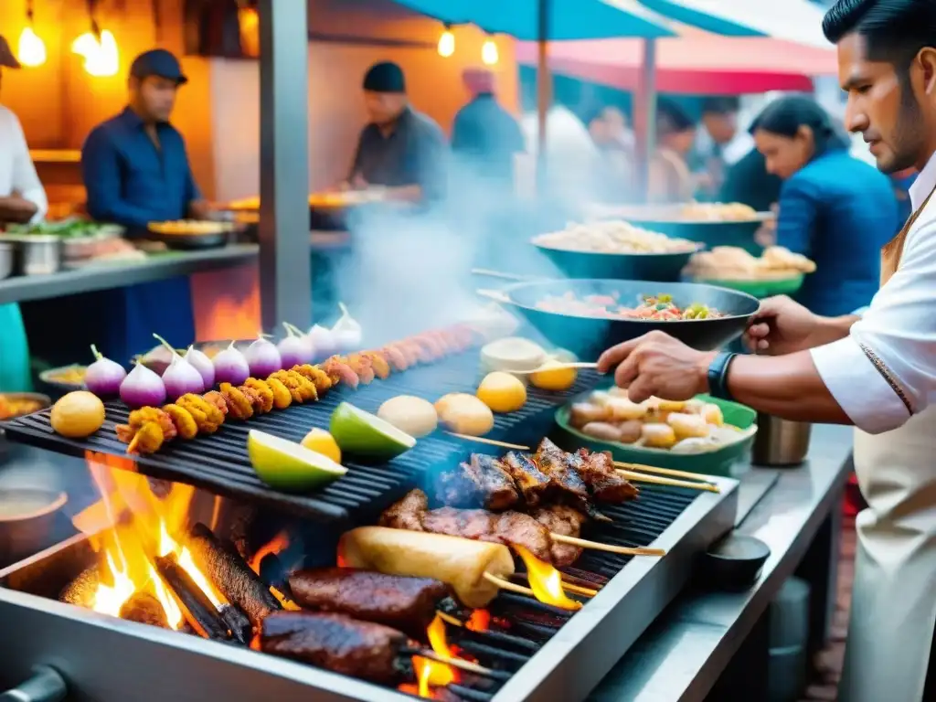 Un vibrante mercado callejero en Lima, Perú, con deliciosos platillos locales