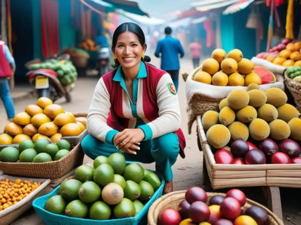 Un vibrante mercado callejero en Perú con frutas exóticas y jugos naturales peruanos, rodeado de textiles y artesanías locales