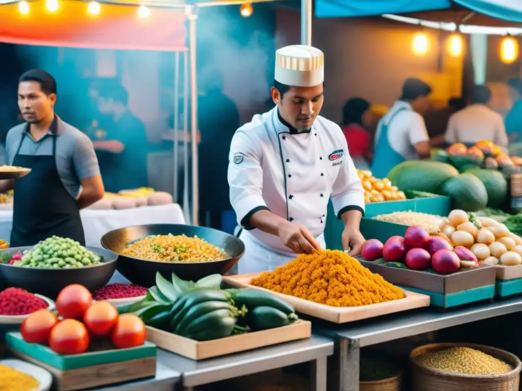 Un vibrante mercado callejero en Lima, Perú, reflejando la evolución gastronómica peruana con fusiones de sabores y tradiciones