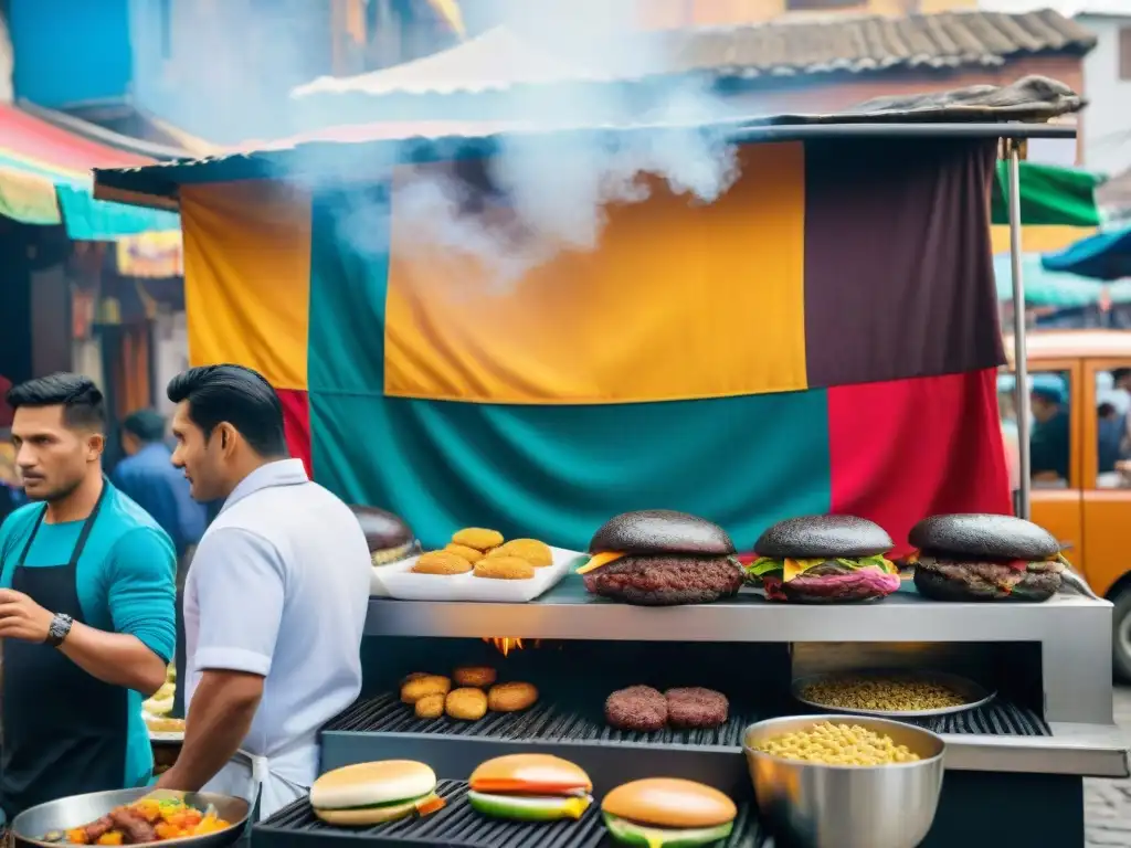 Un vibrante mercado callejero en Lima, Perú, con hamburguesas al estilo peruano en un ambiente lleno de color y sabores cautivadores