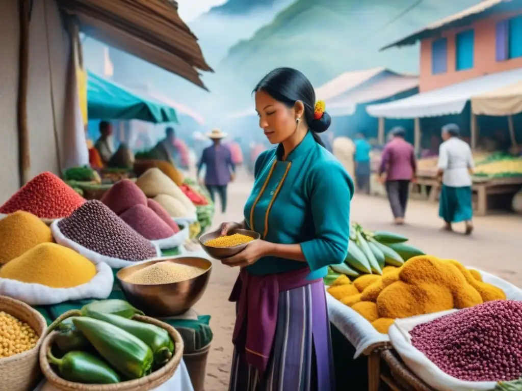 Mercado peruano: colores y sabores de la tradición Vibrante mercado callejero en Perú con ingredientes autóctonos
