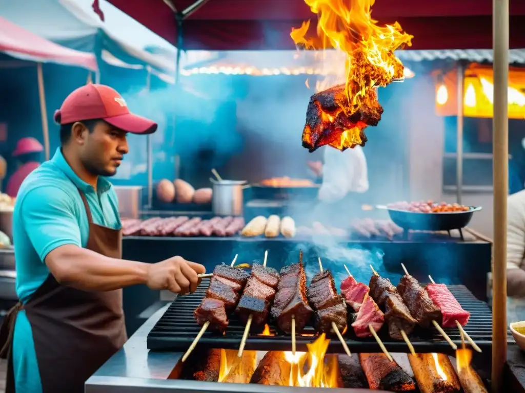 Vibrante mercado callejero peruano con anticuchos de corazón de res, capturando la esencia del origen y receta del anticucho