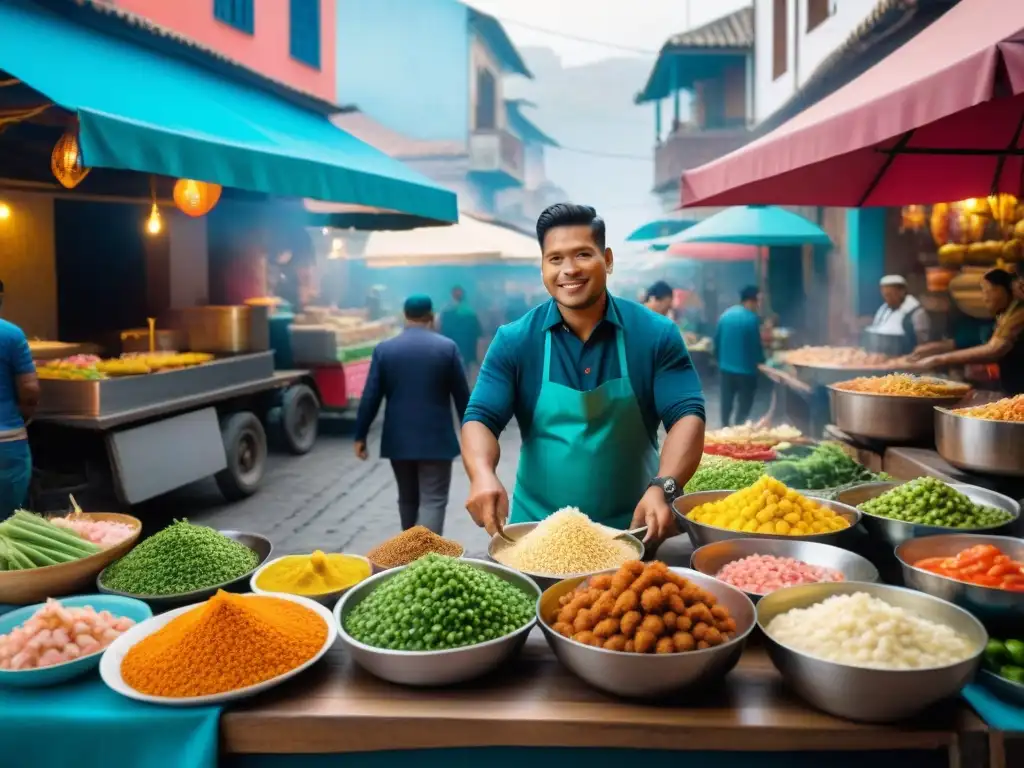 Vibrante mercado callejero peruano donde startups revolucionan comida callejera peruana