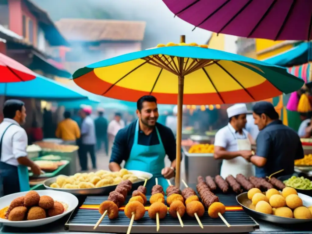 Vibrante mercado callejero peruano con anticuchos y picarones bajo sombrillas coloridas