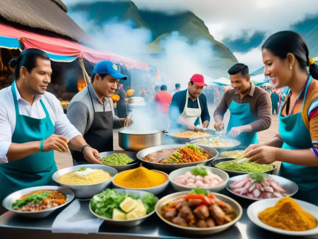 Vibrante mercado callejero peruano con platos auténticos y rica historia