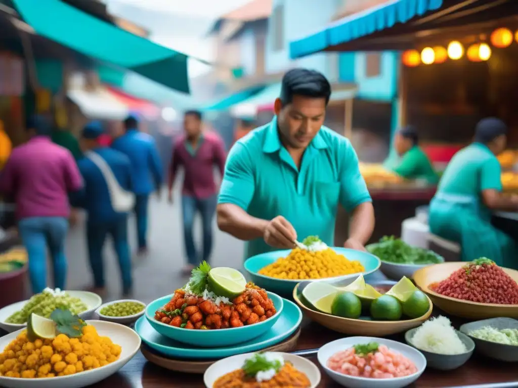 Un vibrante mercado callejero en Perú, destacando la presentación de la comida callejera peruana