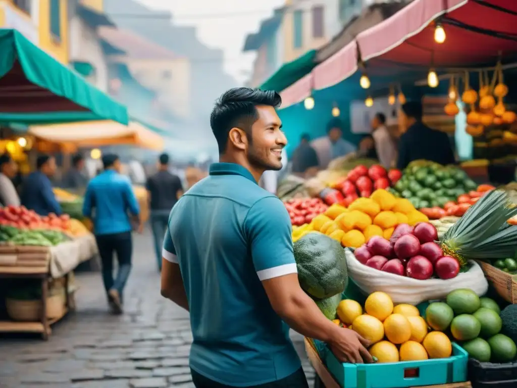 Vibrante mercado callejero en Lima con puestos de comida y emprendedores de Startups de alimentos en Perú