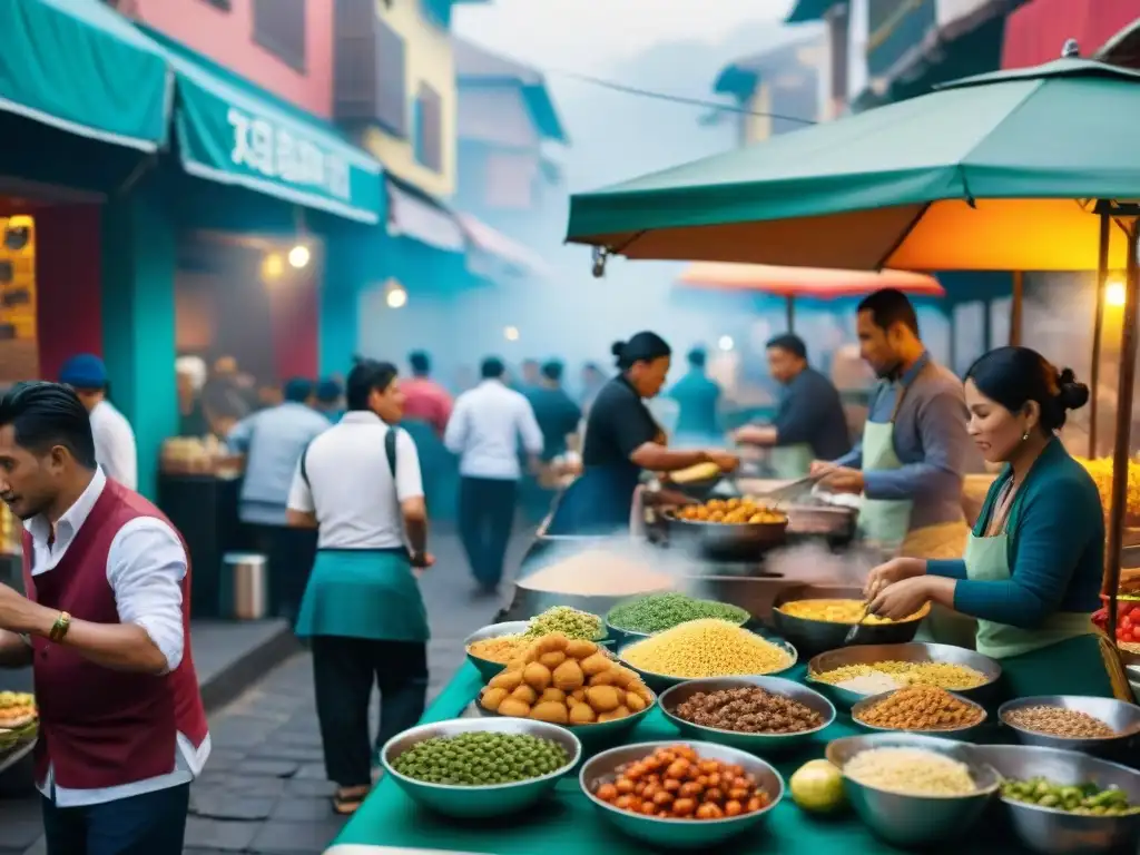 Vibrante mercado callejero en Lima, Perú, con variada gastronomía y ambiente de inclusión social