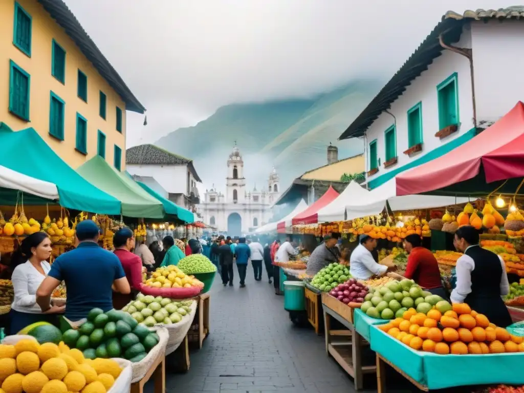 Un vibrante mercado callejero en Lima, Perú, rebosante de vida y sabores