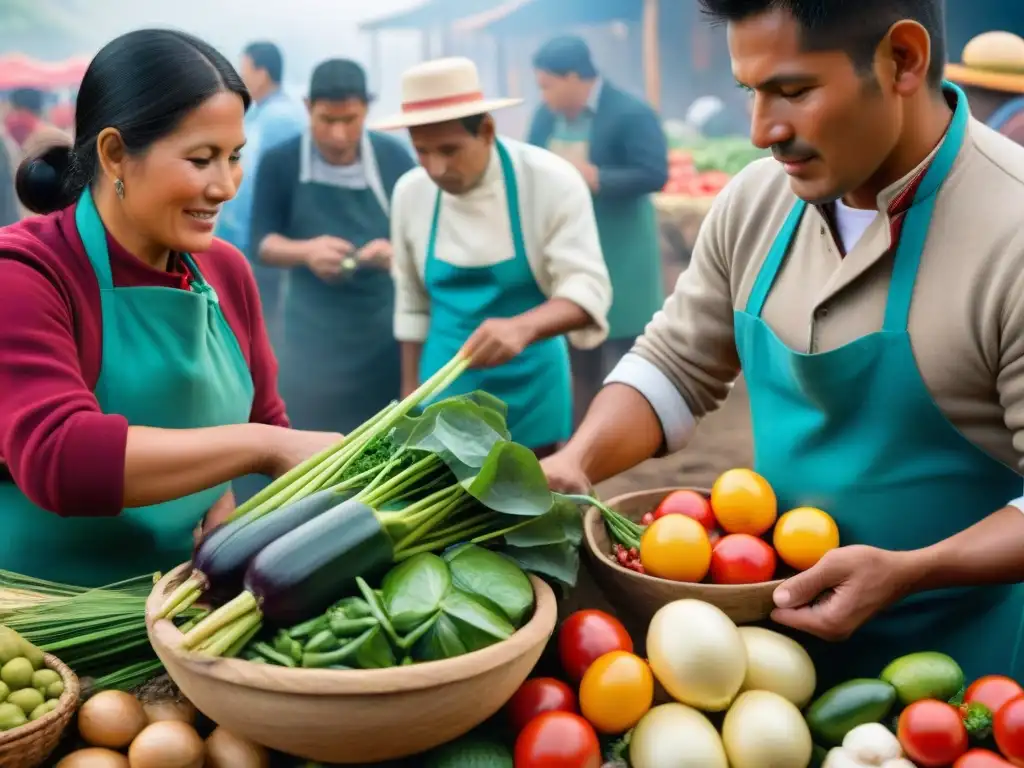 Un vibrante mercado en Lima con chefs y agricultores peruanos preparando platos auténticos en apoyo a la comunidad y al ambiente