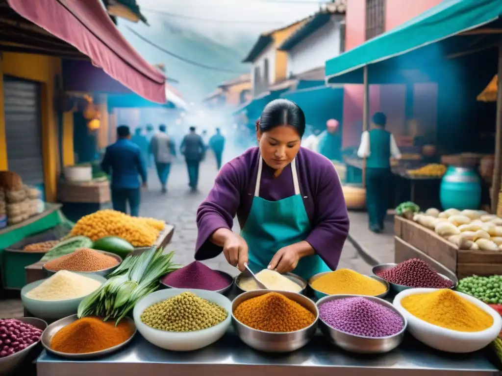 Vibrante mercado de cocina callejera peruana con ingredientes autóctonos y colores llamativos