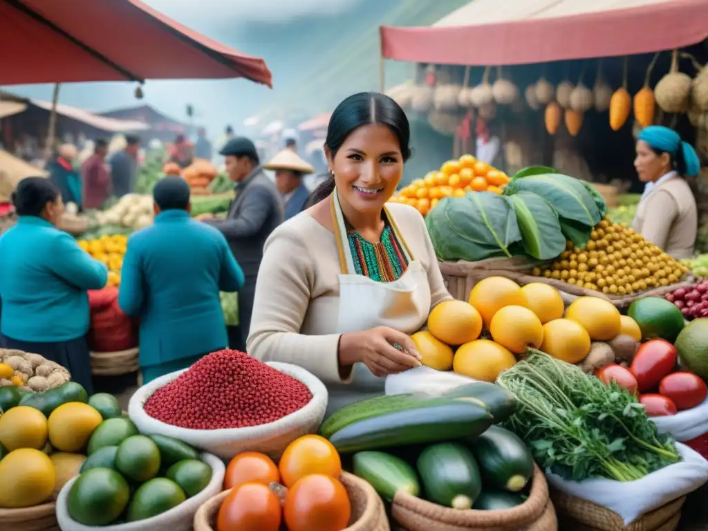 Un vibrante mercado en Perú rebosante de colores y sabores, reflejando la biodiversidad culinaria peruana platos tradicionales