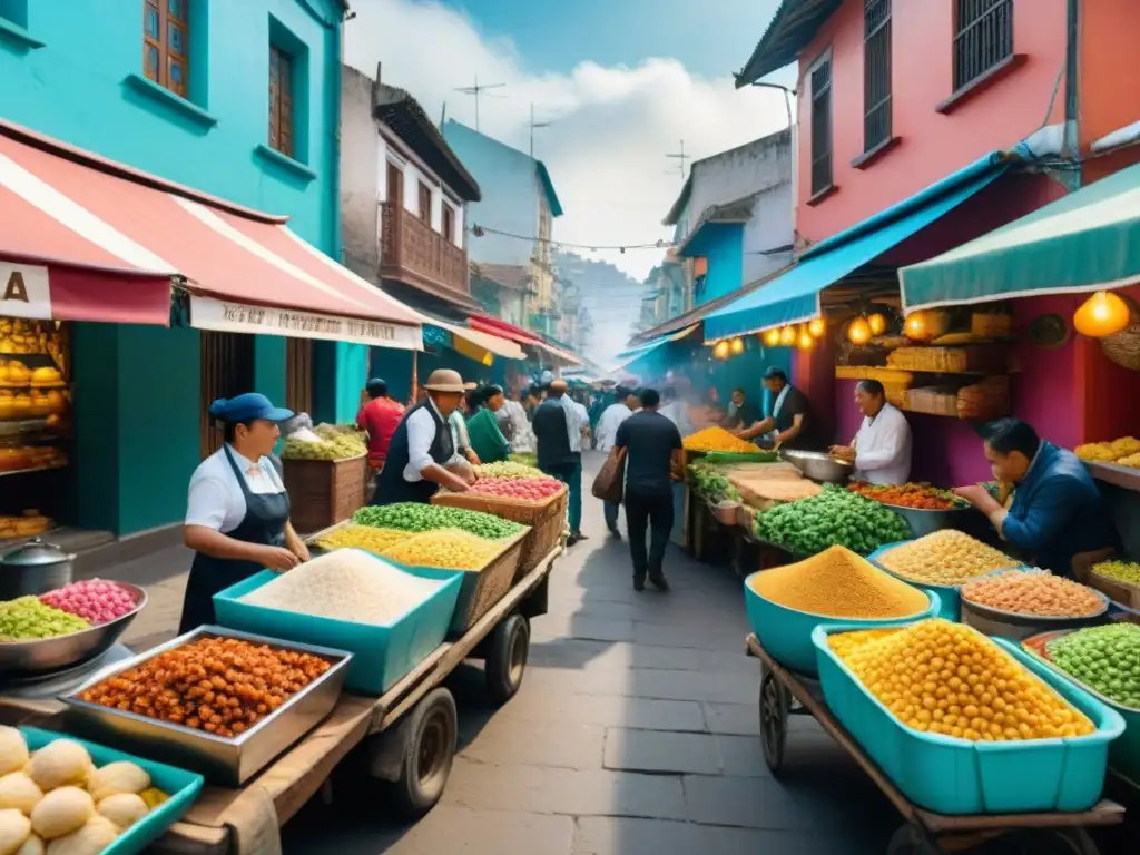 Vibrante mercado de comida callejera en Lima, Perú, con sabores autóctonos