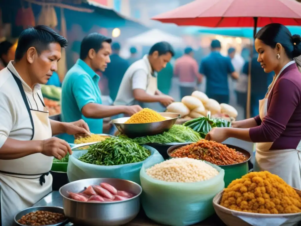 Vibrante mercado de comida callejera en Lima, Perú