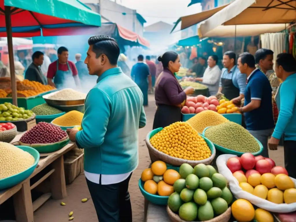 Vibrante mercado de comida en Tacna, Perú, con frutas coloridas, platos tradicionales y vendedores locales interactuando con clientes