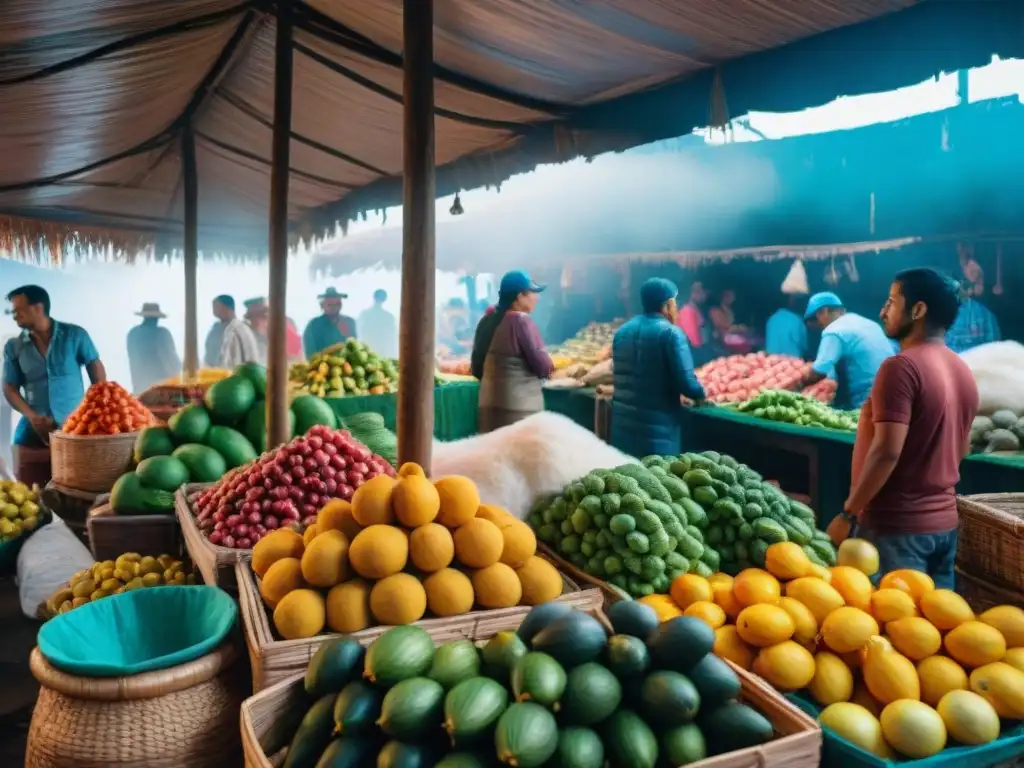 Vibrante mercado de comida en Iquitos, Perú, con frutas exóticas y pescado fresco