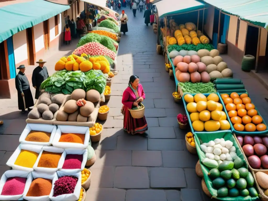 Vibrante Mercado de San Blas en Cusco, Perú, con comida peruana y textiles coloridos