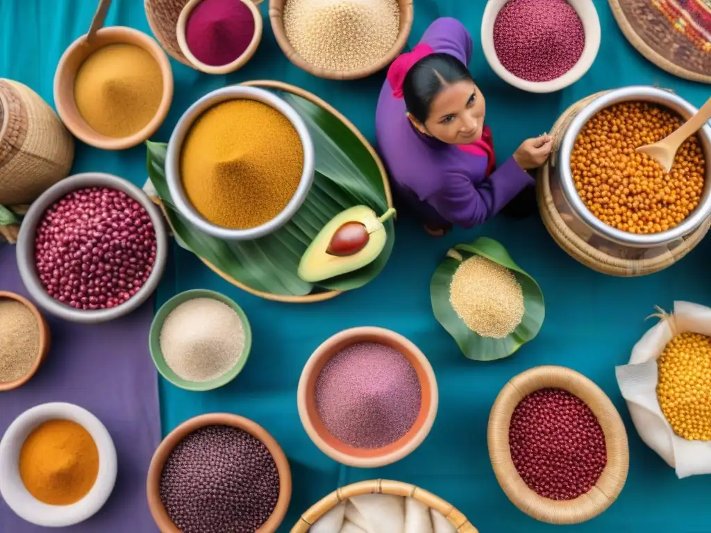 Un vibrante mercado de comida peruana con ingredientes autóctonos, agricultores locales y textiles andinos