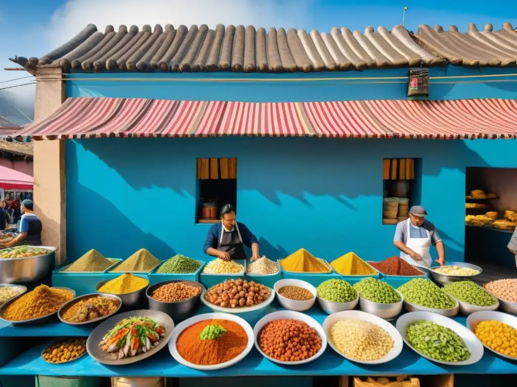 Un vibrante mercado de comida en Lima, Perú, con platos peruanos fusión gastronómica internacional