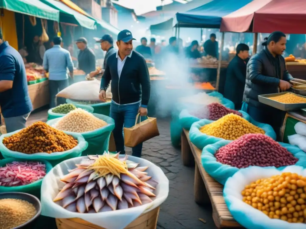 Vibrante mercado de comida en Lima, Perú, con platos tradicionales y coloridas escenas