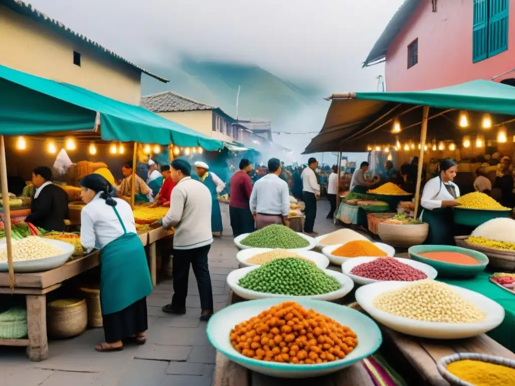 Un vibrante mercado de comida en Lima, Perú, con platos tradicionales y coloridos como ceviche, anticuchos y causa