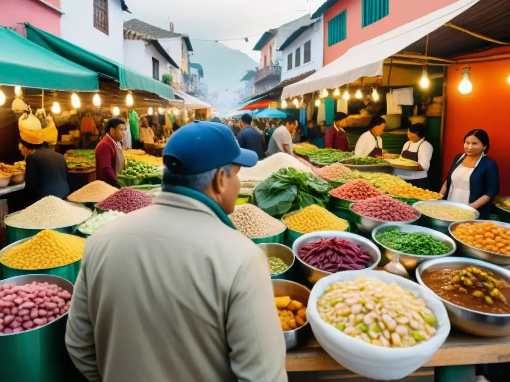 Un vibrante mercado de comida en Lima, Perú, con platos típicos y vendedores locales, destacando la gastronomía peruana en eventos internacionales