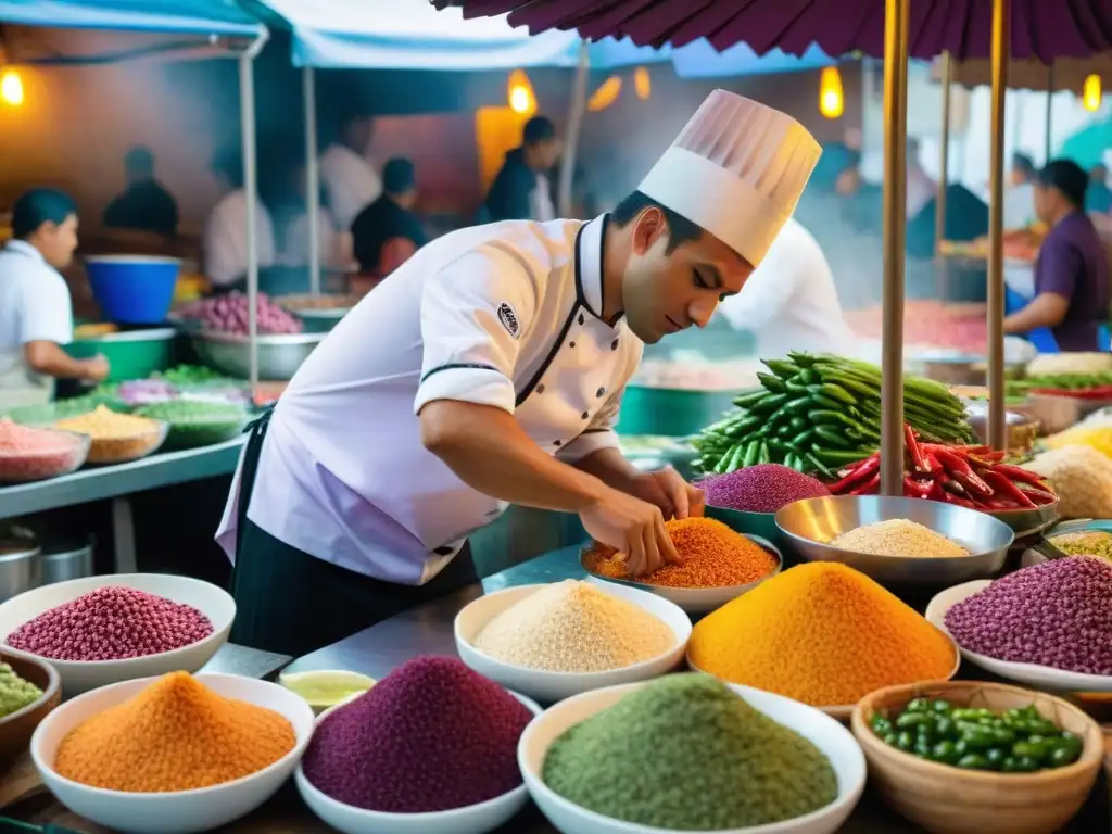 Un vibrante mercado de comida en Lima, Perú, fusionando sabores tradicionales con técnicas modernas