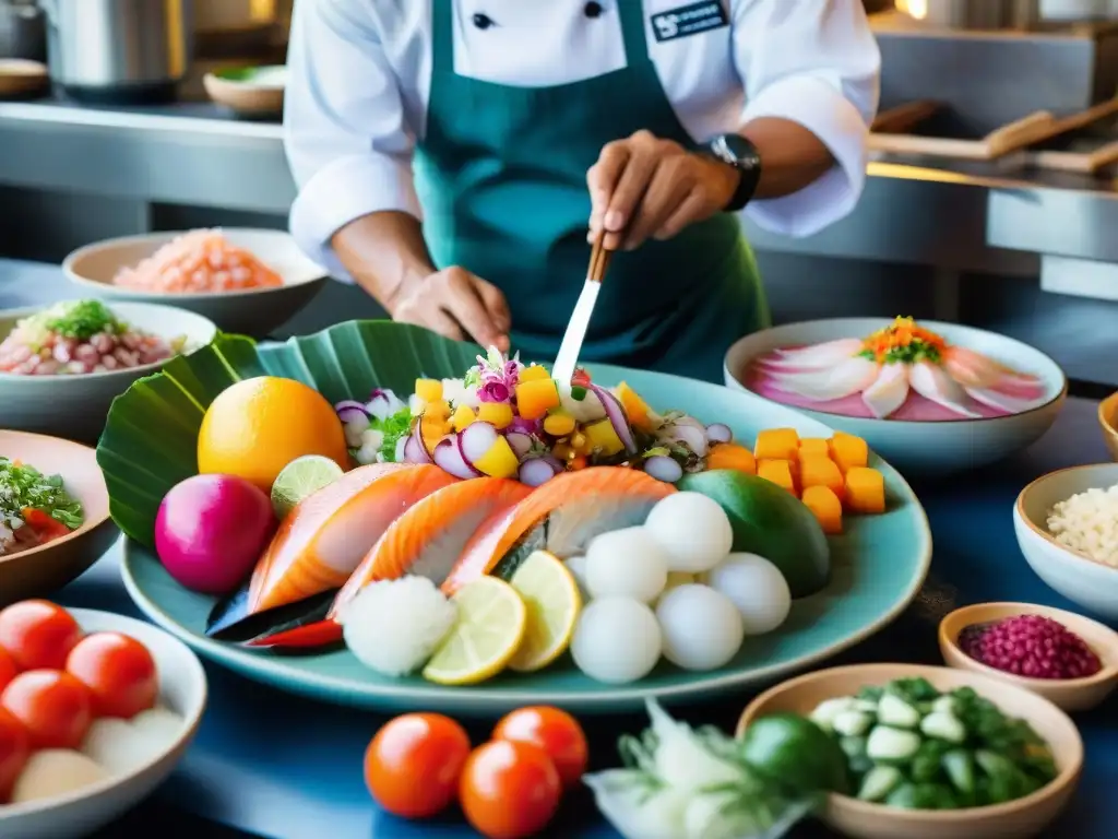 Vibrante mercado costeño peruano con influencia Nikkei en cocina costeña