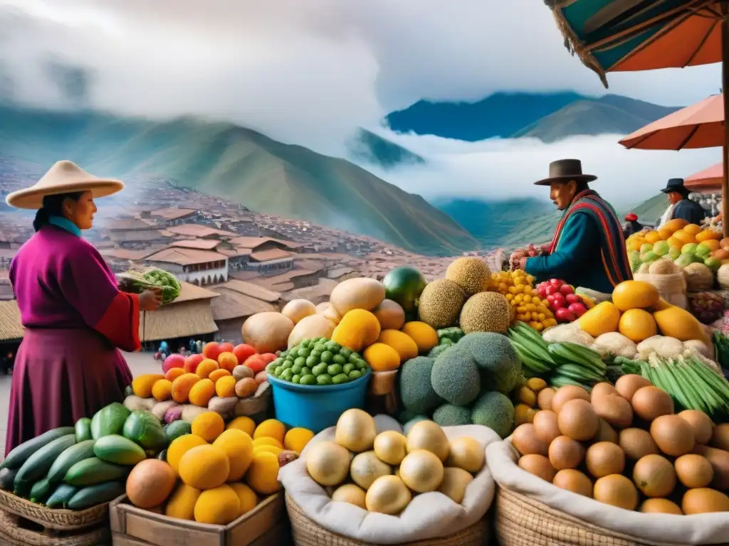 Vibrante Mercado San Pedro en Cusco con colores y sabores de la comida peruana, rodeado de montañas andinas